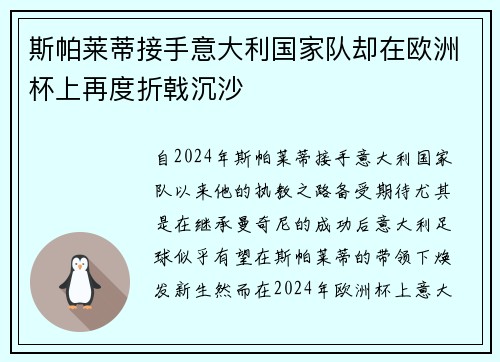斯帕莱蒂接手意大利国家队却在欧洲杯上再度折戟沉沙
